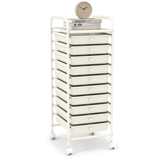 10 Drawer Rolling Storage Cart Organizer with 4 Universal Casters-White