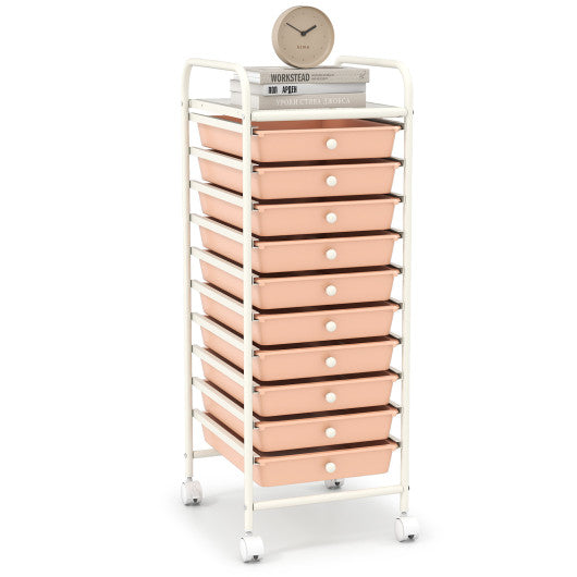 10 Drawer Rolling Storage Cart Organizer with 4 Universal Casters-Cherry