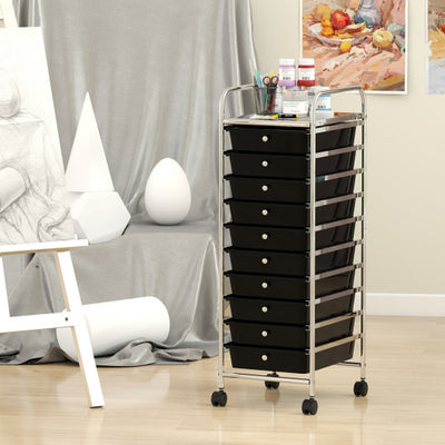 10-Drawer Rolling Storage Cart with Metal Frame and Lockable Universal Wheels-Black