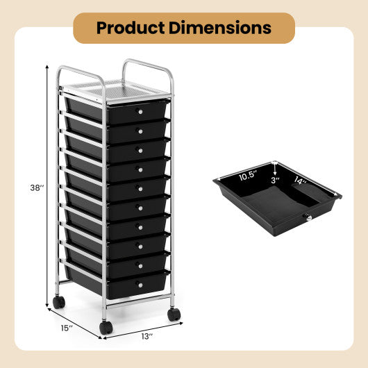 10-Drawer Rolling Storage Cart with Metal Frame and Lockable Universal Wheels-Black