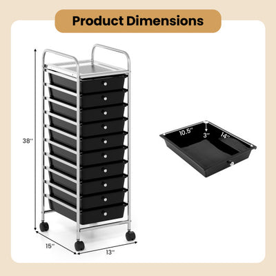 10-Drawer Rolling Storage Cart with Metal Frame and Lockable Universal Wheels-Black