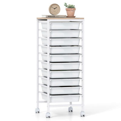 10-Drawer Rolling Storage Cart Mobile Utility Organizer with Wooden Tabletop and Lockable Wheels-White