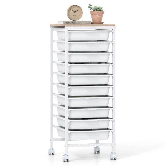 10-Drawer Rolling Storage Cart Mobile Utility Organizer with Wooden Tabletop and Lockable Wheels-White