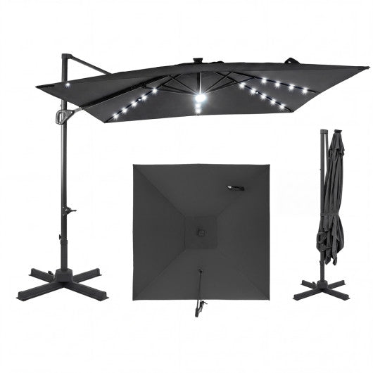10 FT Cantilever Patio Umbrella with Solar LED Lights for Pool and Garden-Gray