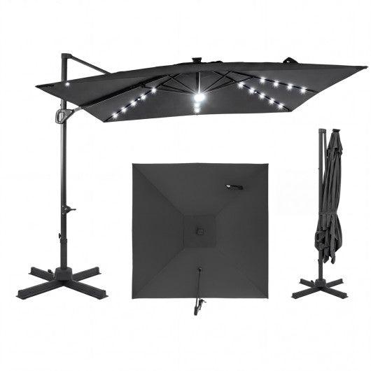 10 FT Cantilever Patio Umbrella with Solar LED Lights for Pool and Garden-Gray