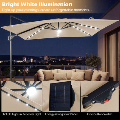 10 FT Cantilever Patio Umbrella with Solar LED Lights for Pool and Garden-Beige