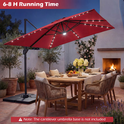 10 FT Cantilever Patio Umbrella with Solar LED Lights for Pool and Garden-Red