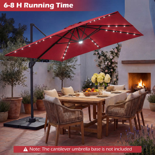 10 FT Cantilever Patio Umbrella with Solar LED Lights for Pool and Garden-Red