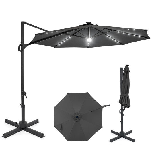 10 FT Cantilever Patio Umbrella with Solar LED Lights 360° Rotation-Gray