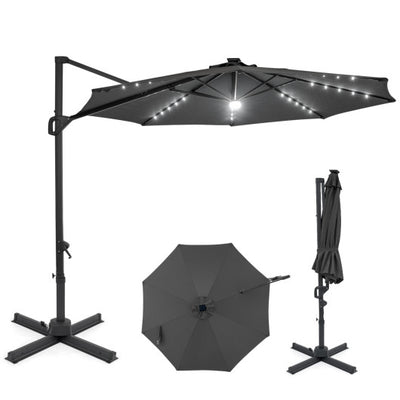 10 FT Cantilever Patio Umbrella with Solar LED Lights 360° Rotation-Gray