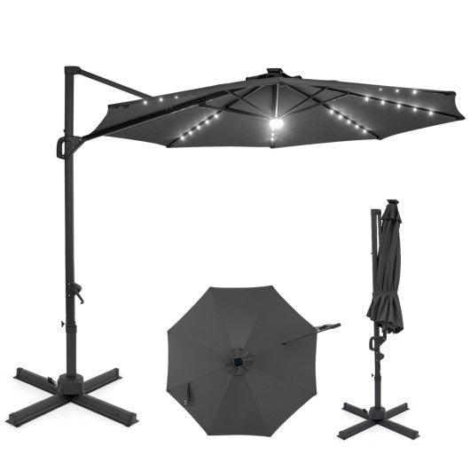 10 FT Cantilever Patio Umbrella with Solar LED Lights 360° Rotation-Gray