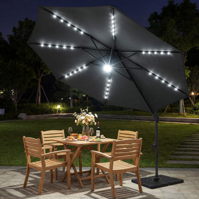 10 FT Cantilever Patio Umbrella with Solar LED Lights 360° Rotation-Gray