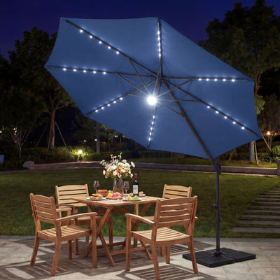 10 FT Cantilever Patio Umbrella with Solar LED Lights 360° Rotation-Navy