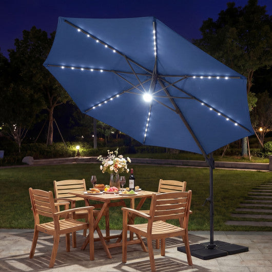 10 FT Cantilever Patio Umbrella with Solar LED Lights 360° Rotation-Navy