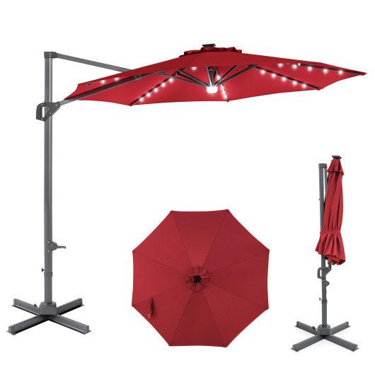 10 FT Cantilever Patio Umbrella with Solar LED Lights 360° Rotation-Wine