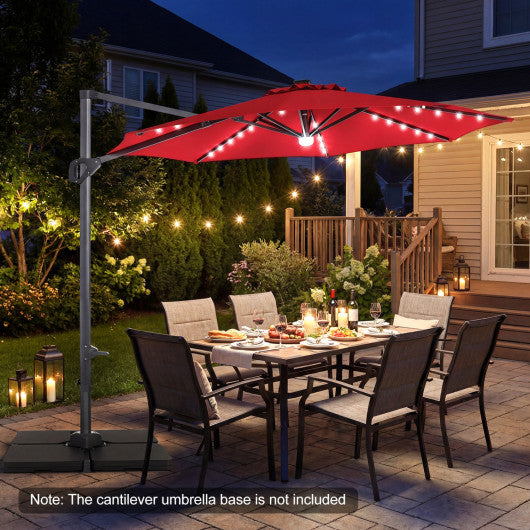 10 FT Cantilever Patio Umbrella with Solar LED Lights 360° Rotation-Wine
