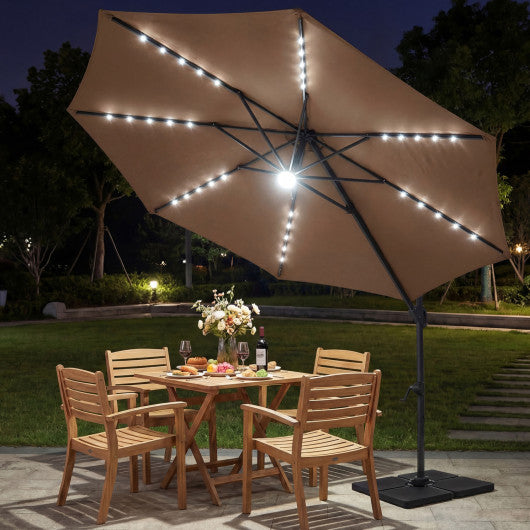 10 FT Cantilever Patio Umbrella with Solar LED Lights 360° Rotation-Brown