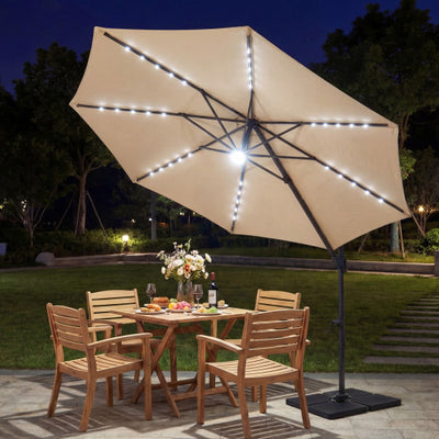 10 FT Cantilever Patio Umbrella with Solar LED Lights 360° Rotation-Beige