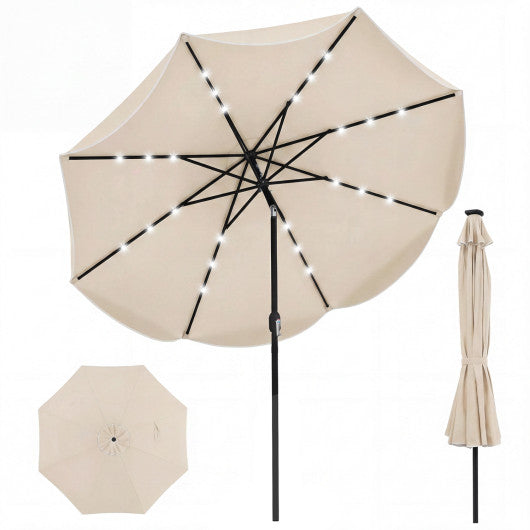 10 FT Scalloped Solar Patio Umbrella with 24 LED Lights and Tilt Adjustment-Beige