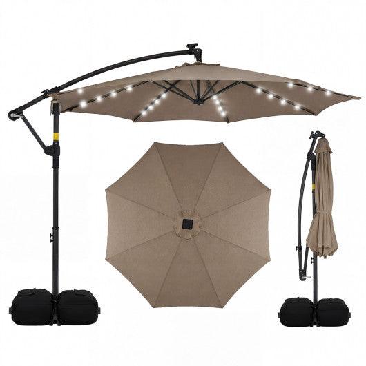10 FT Solar LED Offset Cantilever Patio Umbrella Hanging Outdoor Market Umbrella-Brown