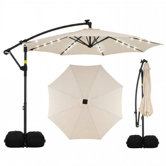10 FT Solar LED Offset Cantilever Patio Umbrella Hanging Outdoor Market Umbrella-Beige