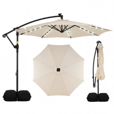 10 FT Solar LED Offset Cantilever Patio Umbrella Hanging Outdoor Market Umbrella-Beige