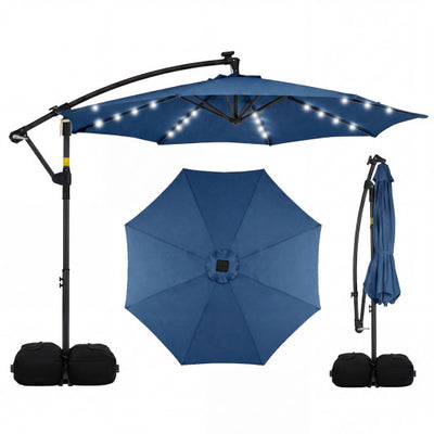 10 FT Solar LED Offset Cantilever Patio Umbrella Hanging Outdoor Market Umbrella-Navy