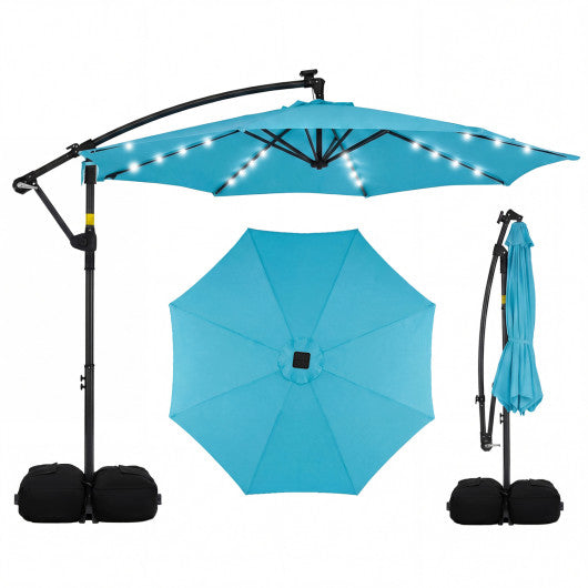 10 FT Solar LED Offset Cantilever Patio Umbrella Hanging Outdoor Market Umbrella-Turquoise