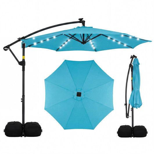 10 FT Solar LED Offset Cantilever Patio Umbrella Hanging Outdoor Market Umbrella-Turquoise