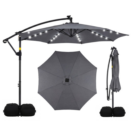 10 FT Solar LED Offset Cantilever Patio Umbrella Hanging Outdoor Market Umbrella-Gray