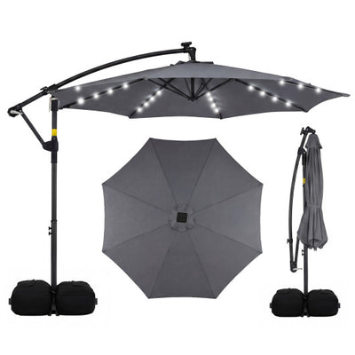 10 FT Solar LED Offset Cantilever Patio Umbrella Hanging Outdoor Market Umbrella-Gray