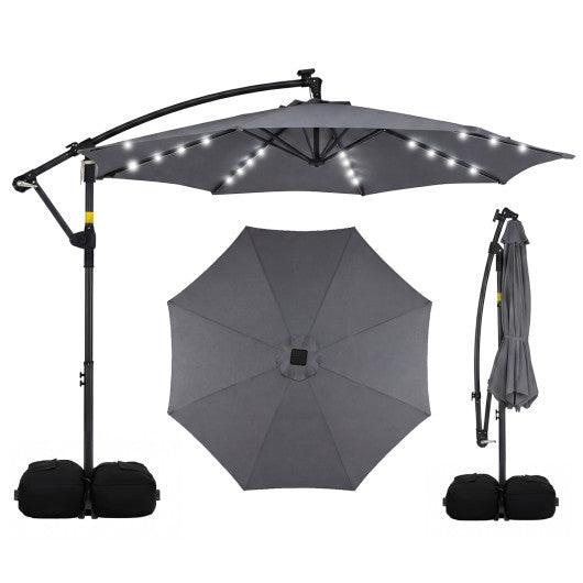 10 FT Solar LED Offset Cantilever Patio Umbrella Hanging Outdoor Market Umbrella-Gray