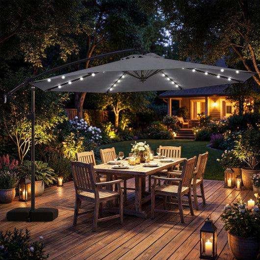 10 FT Solar LED Offset Cantilever Patio Umbrella Hanging Outdoor Market Umbrella-Gray