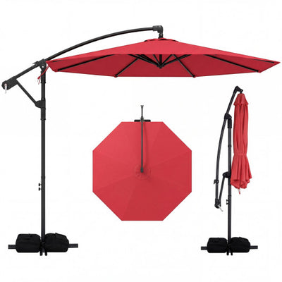 10 Feet Offset Hanging Umbrella with Base Patio Cantilever Umbrella with Tilt-Red