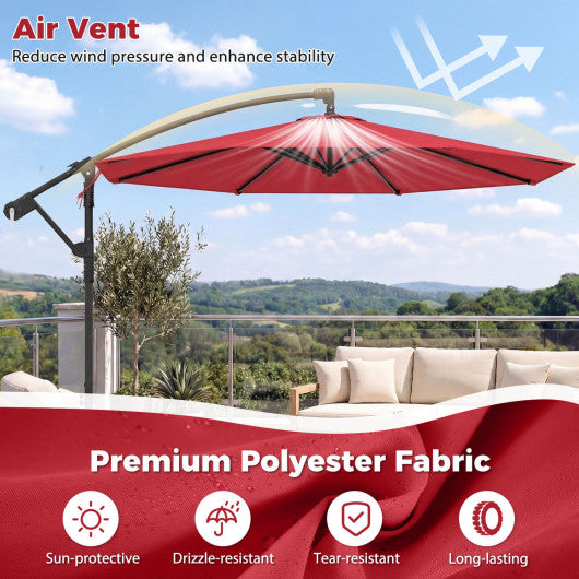 10 Feet Offset Hanging Umbrella with Base Patio Cantilever Umbrella with Tilt-Red