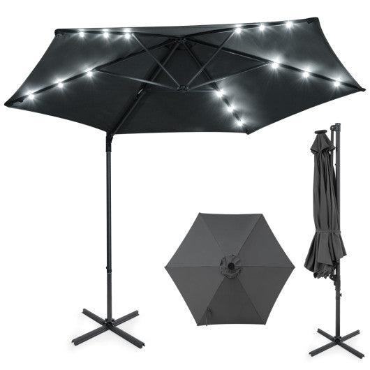10 Feet Patio Cantilever Umbrella with Solar LED Lights-Gray