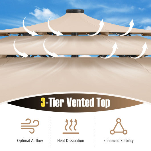 10 Feet Solar Patio Umbrella with 32 LED Lights 3-Tier Vented Top-Beige