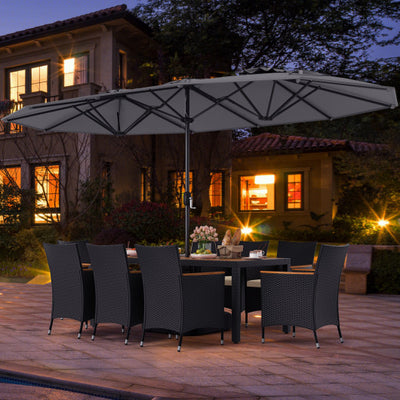 10 Piece Outdoor Dining Set with 15 Feet Double-Sided Twin Umbrella-Gray