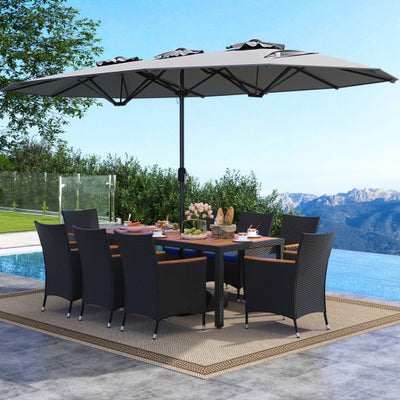 10 Piece Outdoor Patio Dining Set with 15 Feet Double-Sided Twin Umbrella-Gray