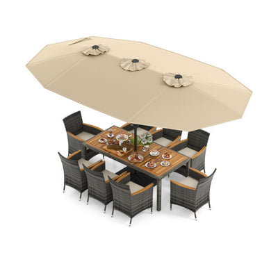10 Pieces Patio Wicker Dining Set with 15 Feet Double-Sided Patio Umbrella-Beige