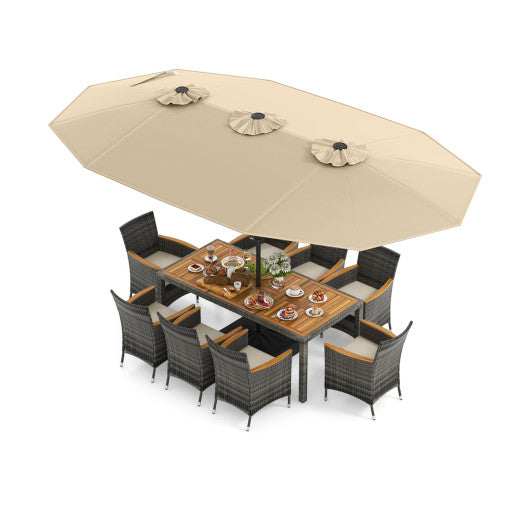 10 Pieces Patio Wicker Dining Set with 15 Feet Double-Sided Patio Umbrella-Beige