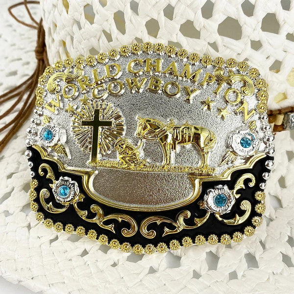 TOPACC 3D Rectangle Western Cowboy Horse Prayer Cross 'world champion cowboy'Belt Buckle - Gifts for You 'n Me