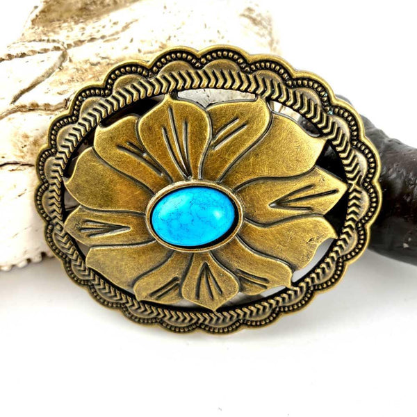 TOPACC Western Turquoise Flower Pattern Cowboy Cowgirl Belt Buckle Copper/Bronze - Gifts for You 'n Me
