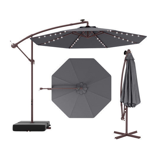 10 Ft Patio Umbrella Offset Cantilever Umbrella with 40 Solar Powered Lights-Gray