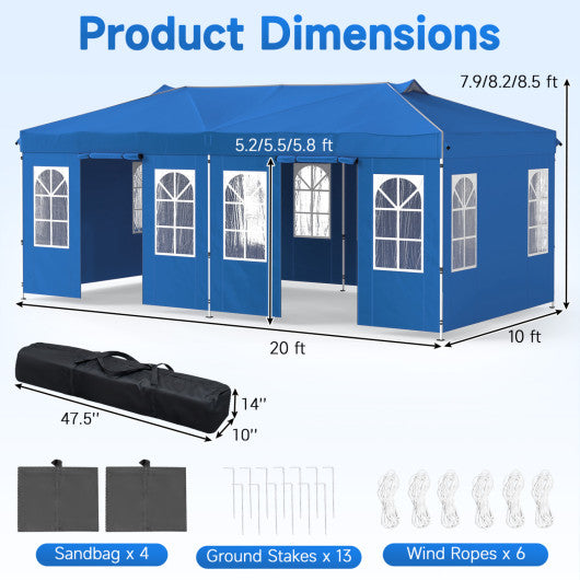 10 x 20 FT Pop Up Canopy Tent with 6 Sidewalls and Adjustable Height-Blue