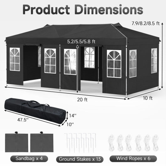 10 x 20 FT Pop Up Canopy Tent with 6 Sidewalls and Adjustable Height-Black