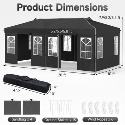 10 x 20 FT Pop Up Canopy Tent with 6 Sidewalls and Adjustable Height-Black