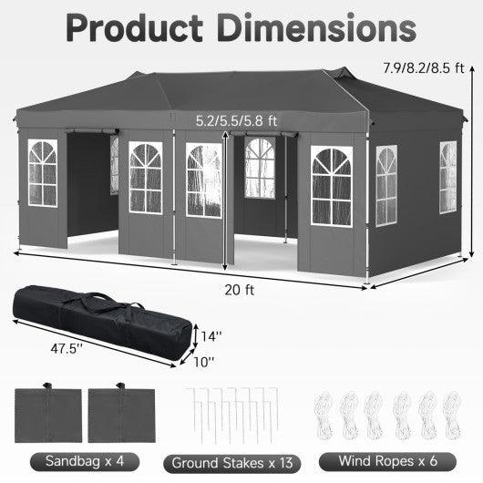 10 x 20 FT Pop Up Canopy Tent with 6 Sidewalls and Adjustable Height-Gray