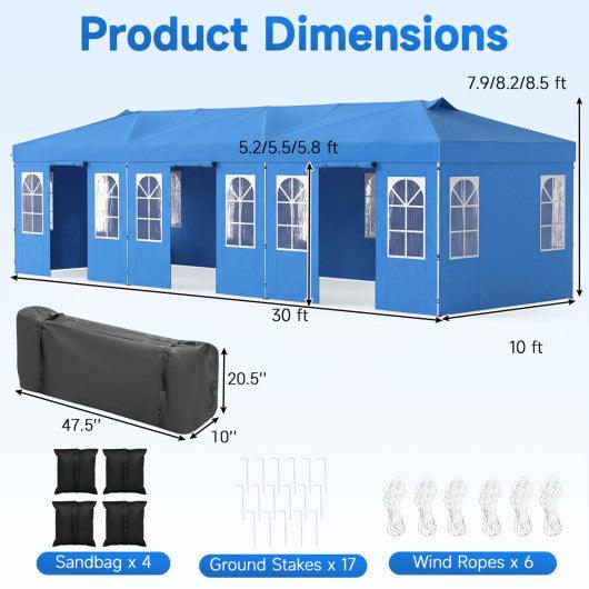 10 x 30 FT Pop Up Canopy Tent with 8 Sidewalls and Adjustable Height-Blue