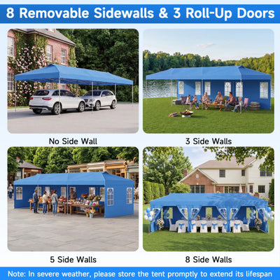 10 x 30 FT Pop Up Canopy Tent with 8 Sidewalls and Adjustable Height-Blue